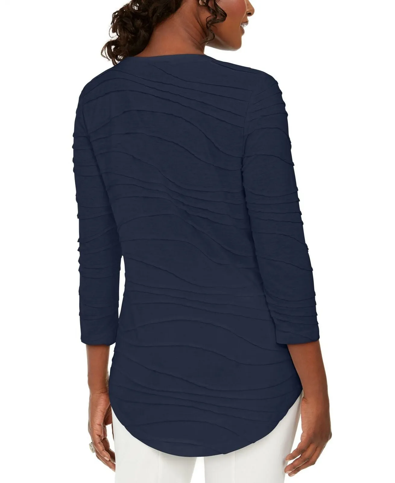 JM Collection Women's Wavy Texture 3/4 Sleeve Top With Chain