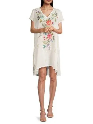 Johnny Was Adele Drape Tunic Dress Floral Embroid Flowers Plaid Viscose Blue New