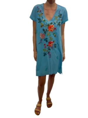 Johnny Was Adele Drape Tunic Dress Floral Embroid Flowers Plaid Viscose Blue New