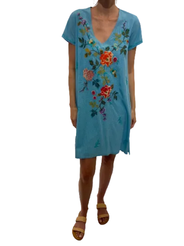 Johnny Was Adele Drape Tunic Dress Floral Embroid Flowers Plaid Viscose Blue New