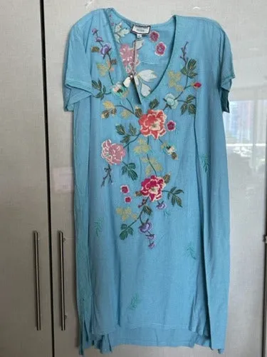 Johnny Was Adele Drape Tunic Dress Floral Embroid Flowers Plaid Viscose Blue New