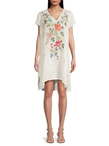 Johnny Was Adele Drape Tunic Dress Floral Embroid Flowers Plaid Viscose Blue New