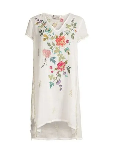 Johnny Was Adele Drape Tunic Dress Floral Embroid Flowers Plaid Viscose Blue New