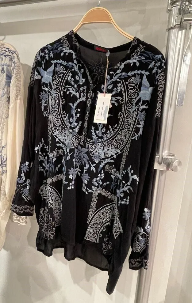 Johnny Was Alessa Tunic Long Sleeves Top Shirt Blue Floral Embroidery Black New
