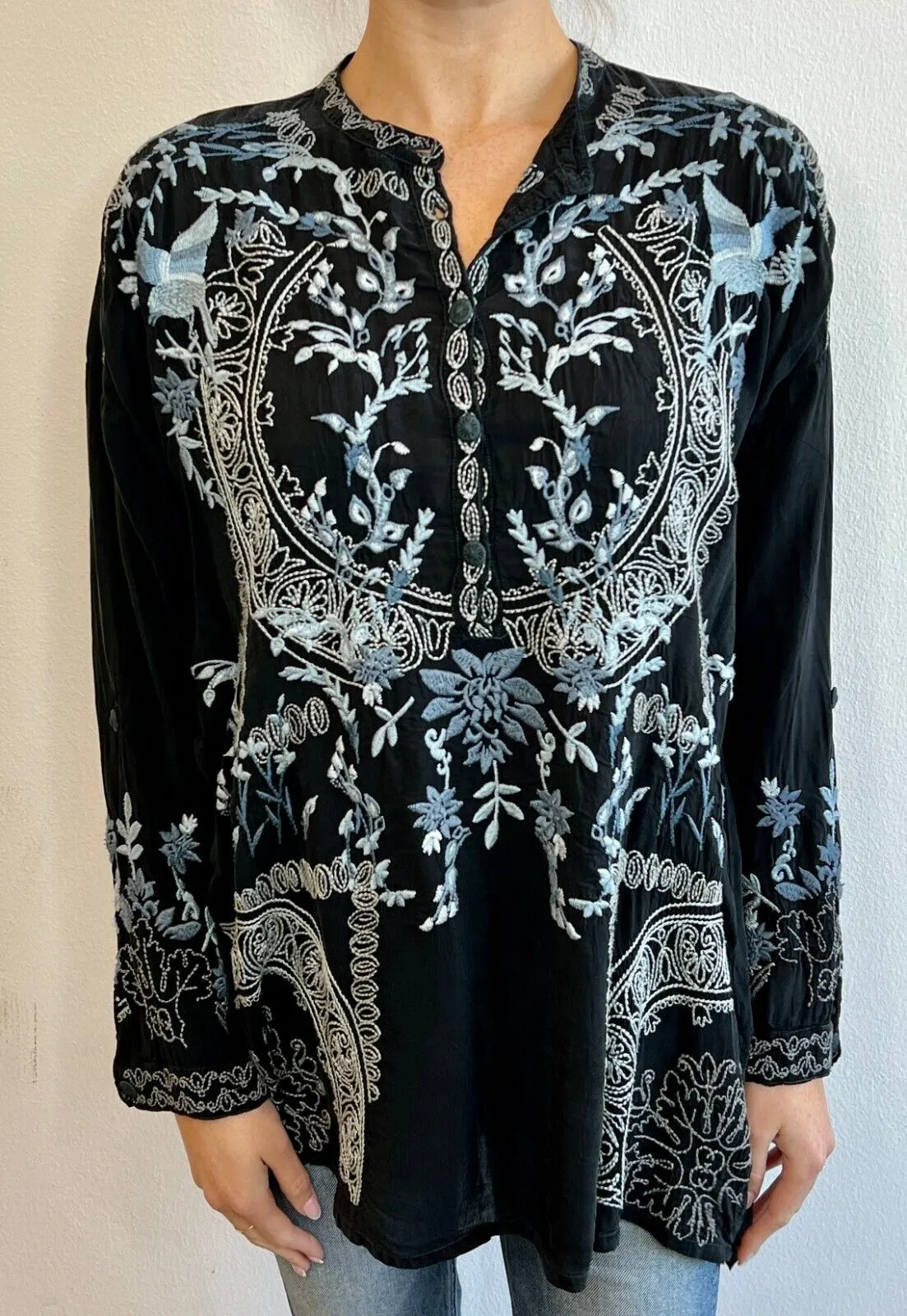 Johnny Was Alessa Tunic Long Sleeves Top Shirt Blue Floral Embroidery Black New