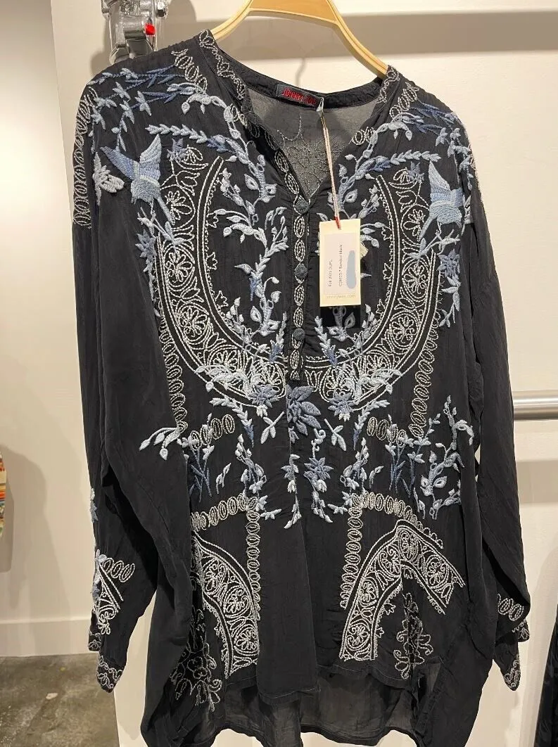 Johnny Was Alessa Tunic Long Sleeves Top Shirt Blue Floral Embroidery Black New