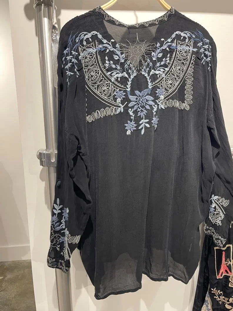 Johnny Was Alessa Tunic Long Sleeves Top Shirt Blue Floral Embroidery Black New