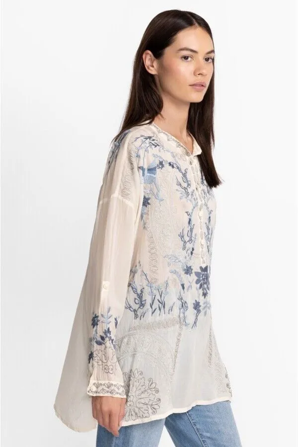 Johnny Was Alessa Tunic Long Sleeves Top Shirt Floral Embroidery Shell White New