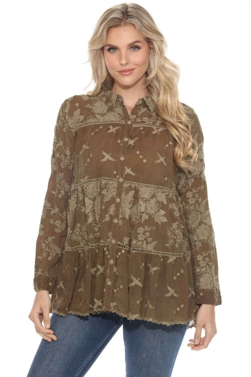 Johnny Was Dark Green Embroidered Button-Down Tunic Top C19524