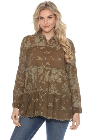 Johnny Was Dark Green Embroidered Button-Down Tunic Top C19524