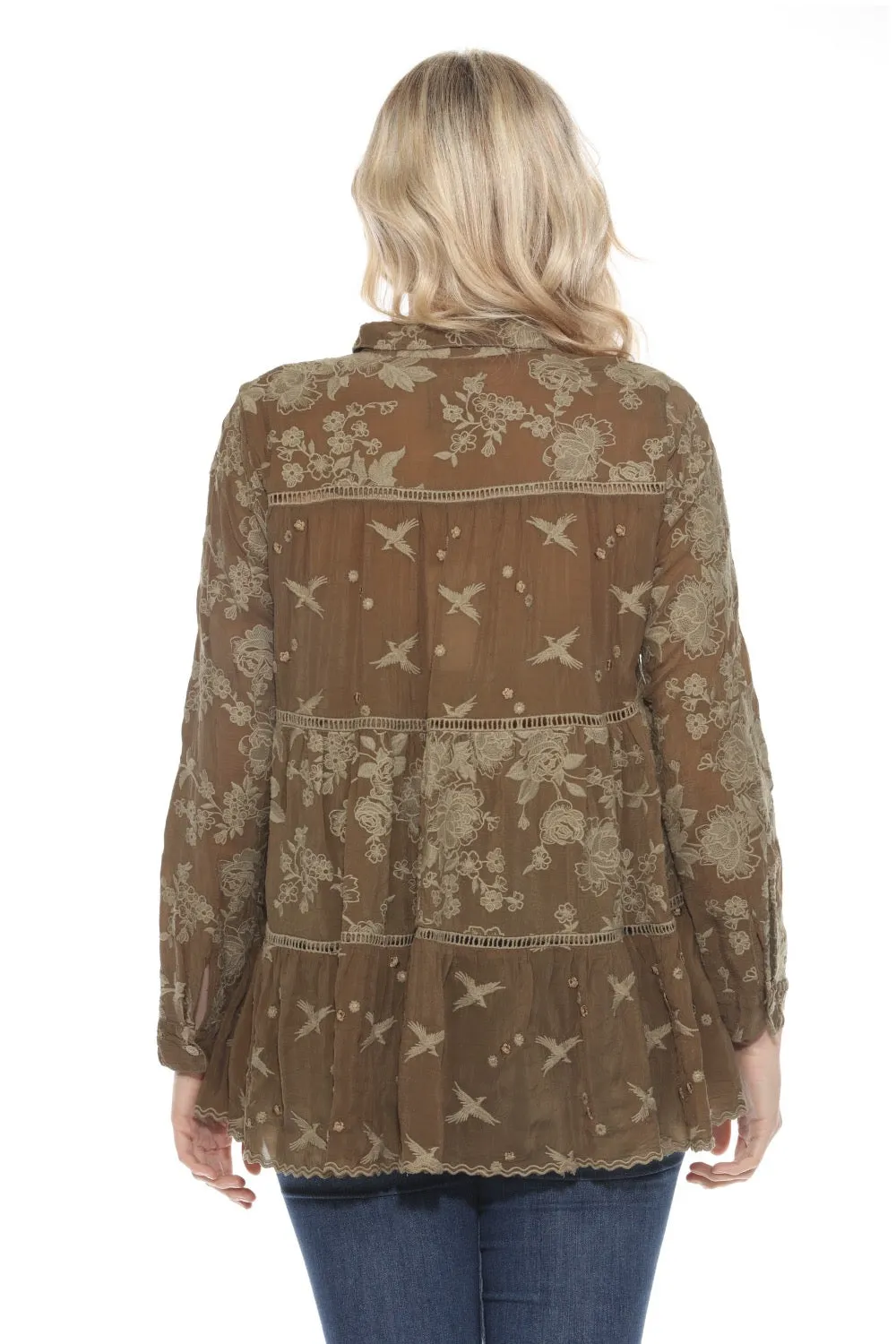 Johnny Was Dark Green Embroidered Button-Down Tunic Top C19524