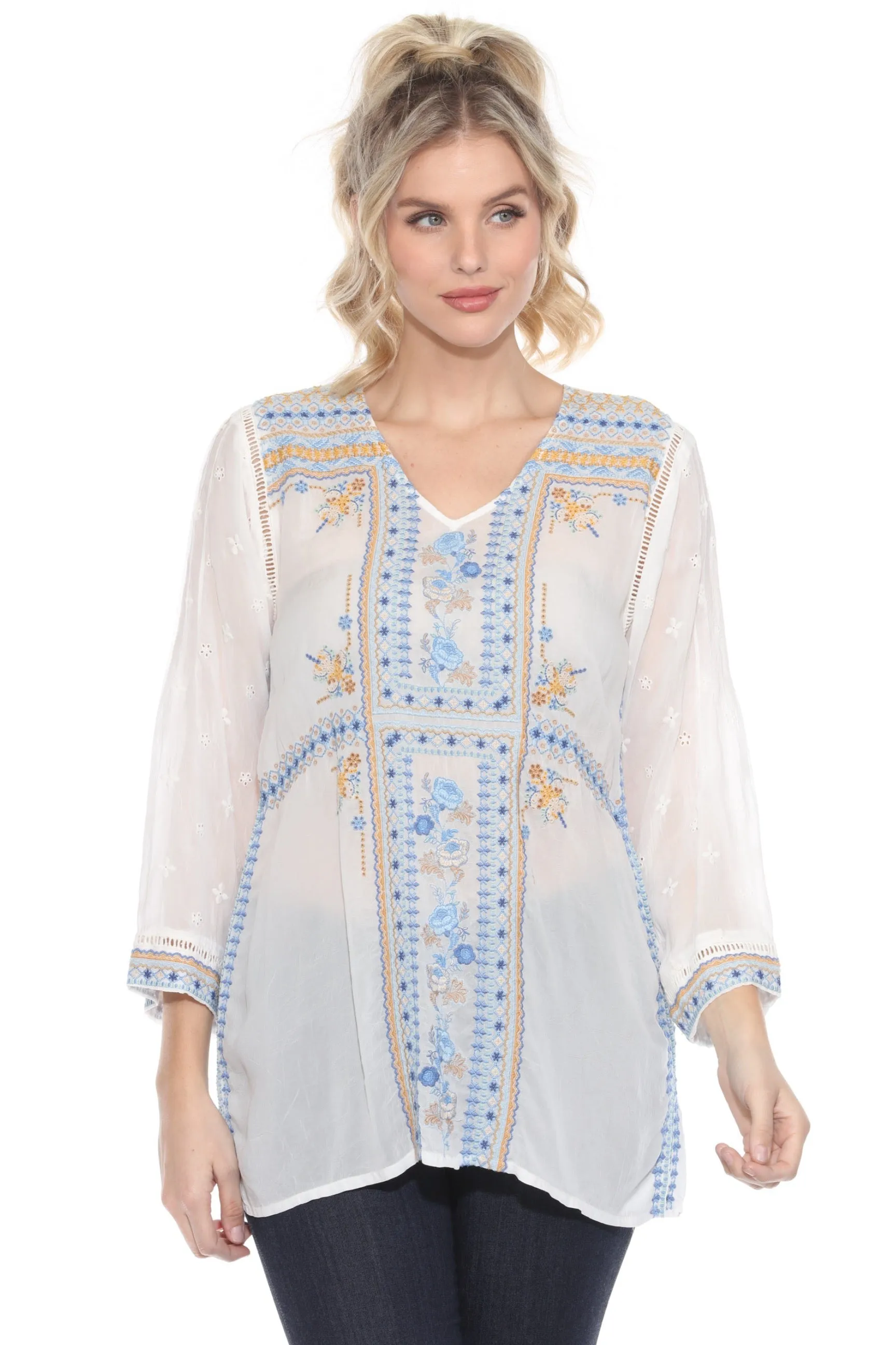 Johnny Was Palmari Embroidered V-Neck Tunic Top C20624 *