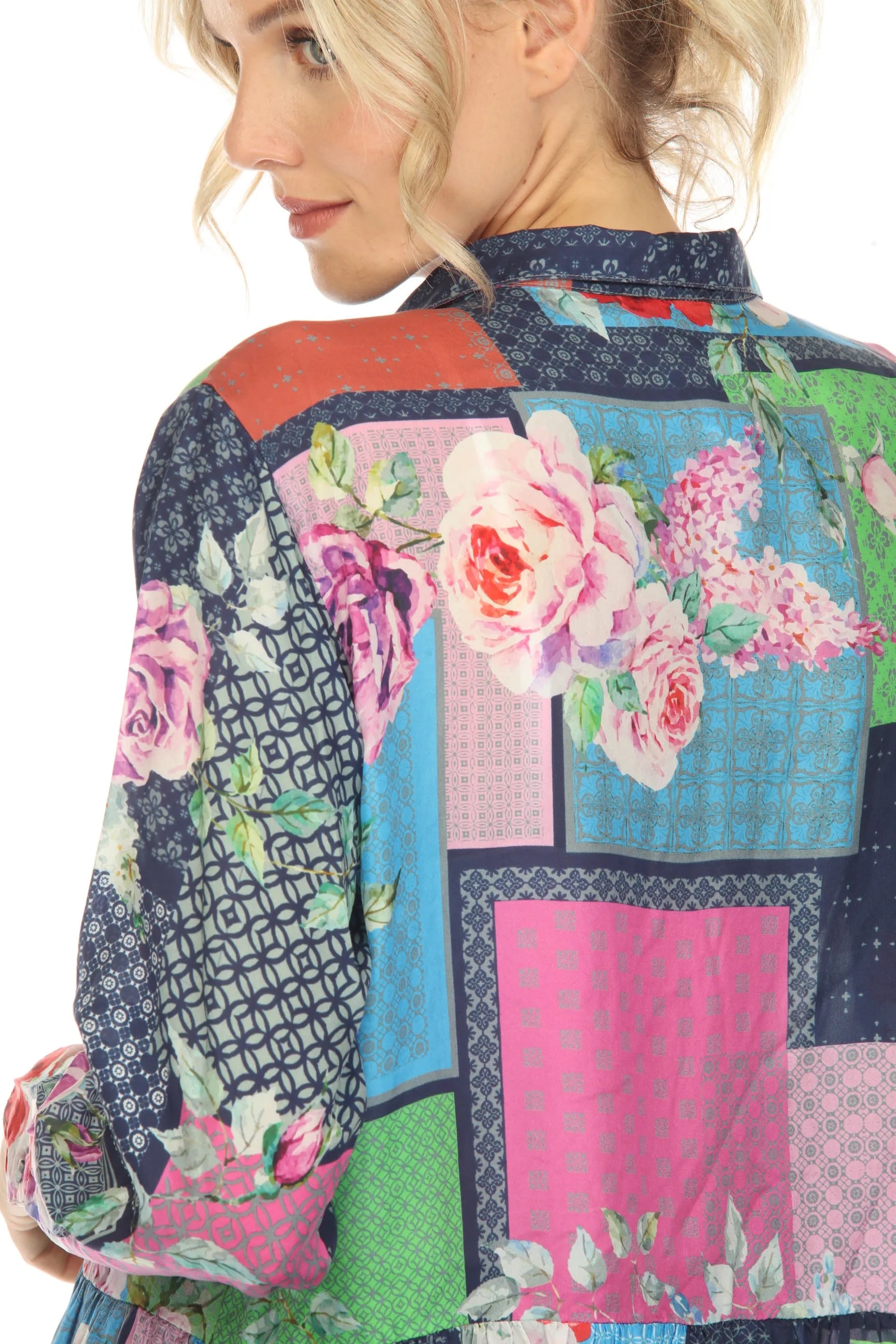 Johnny Was Rose Monroe Silk Floral Patchwork Tunic Top Boho Chic C25523A3