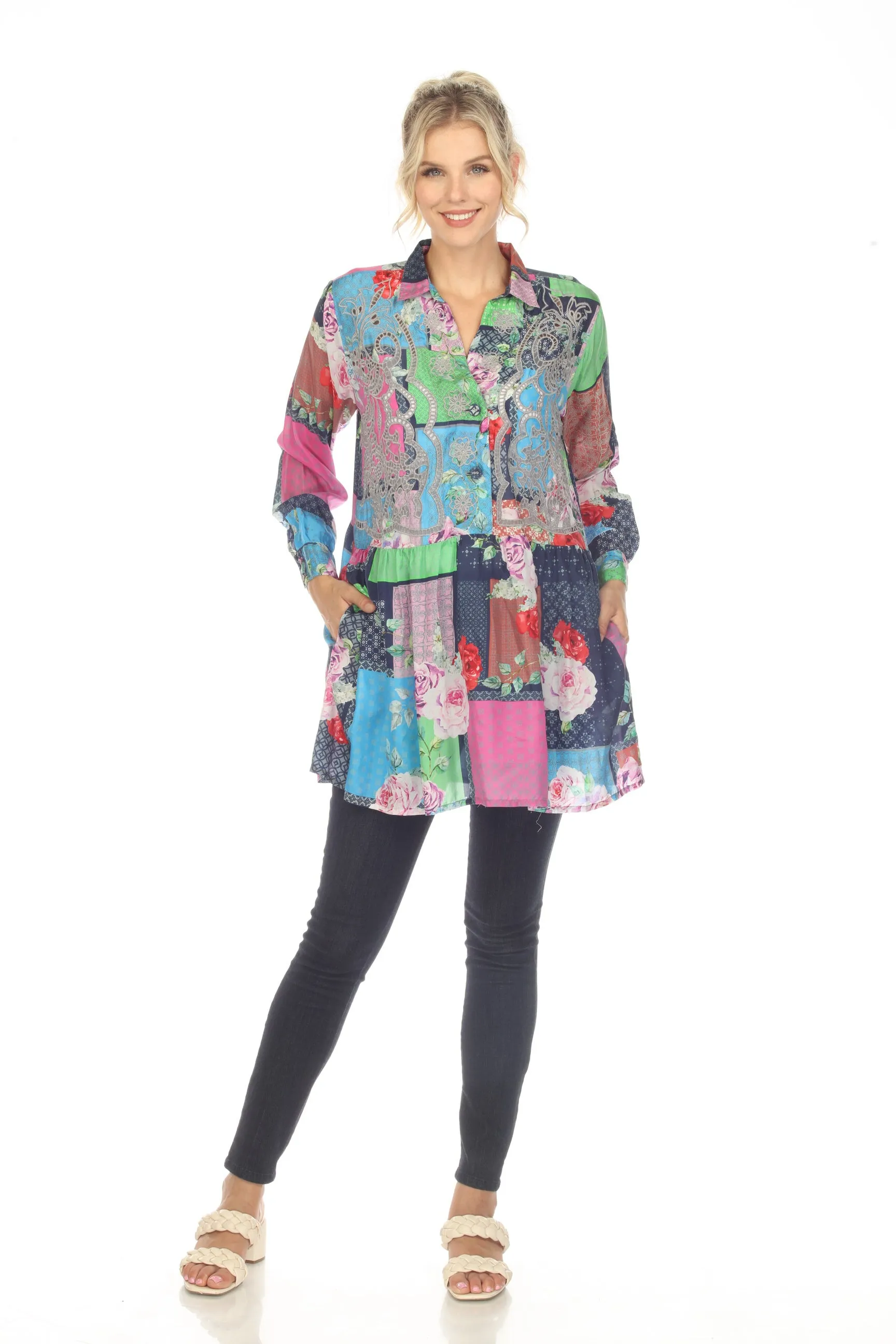 Johnny Was Rose Monroe Silk Floral Patchwork Tunic Top Boho Chic C25523A3
