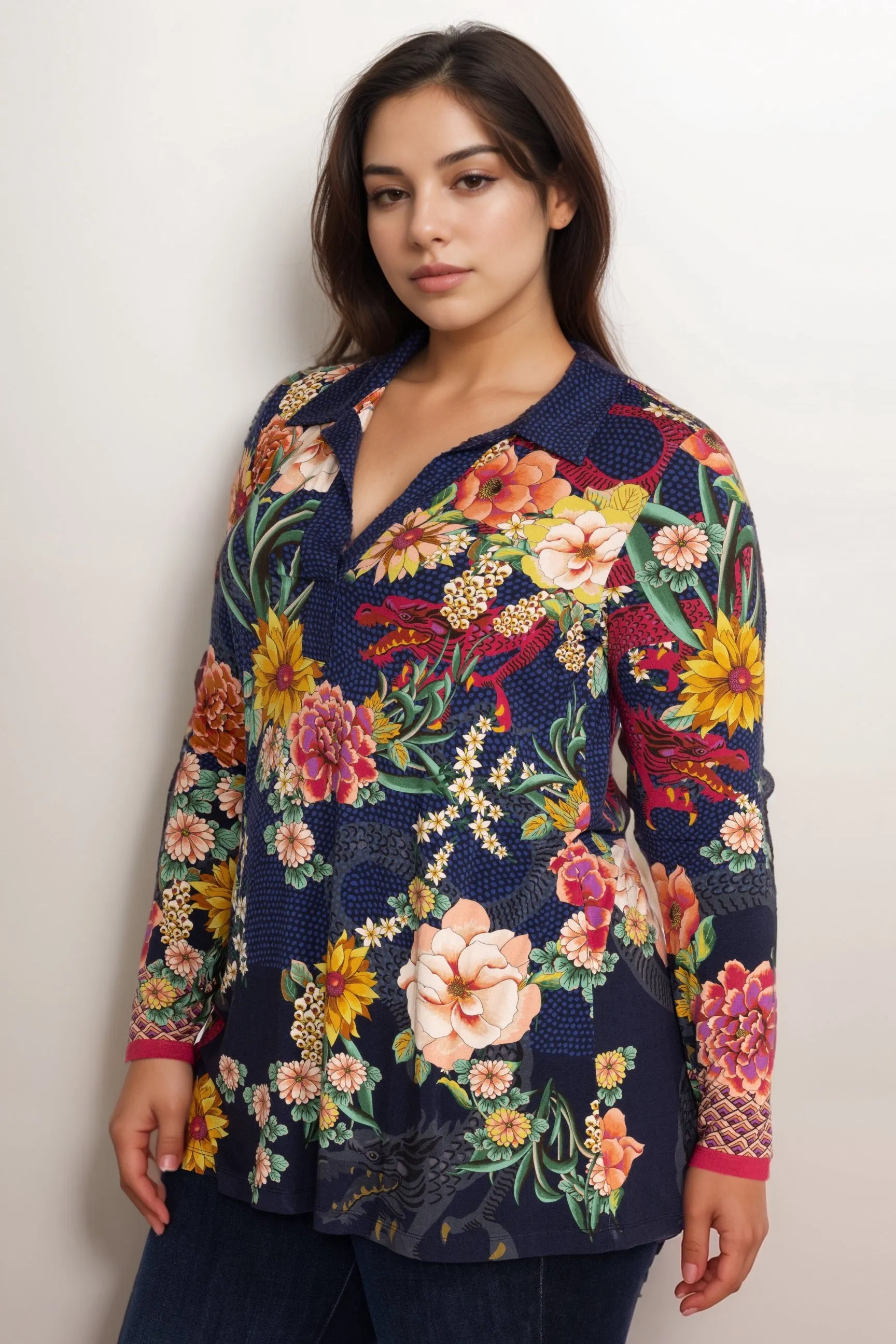 Johnny Was The Janie Favorite Long Sleeve Polo Swing Tunic Top T22223-EX Plus Size