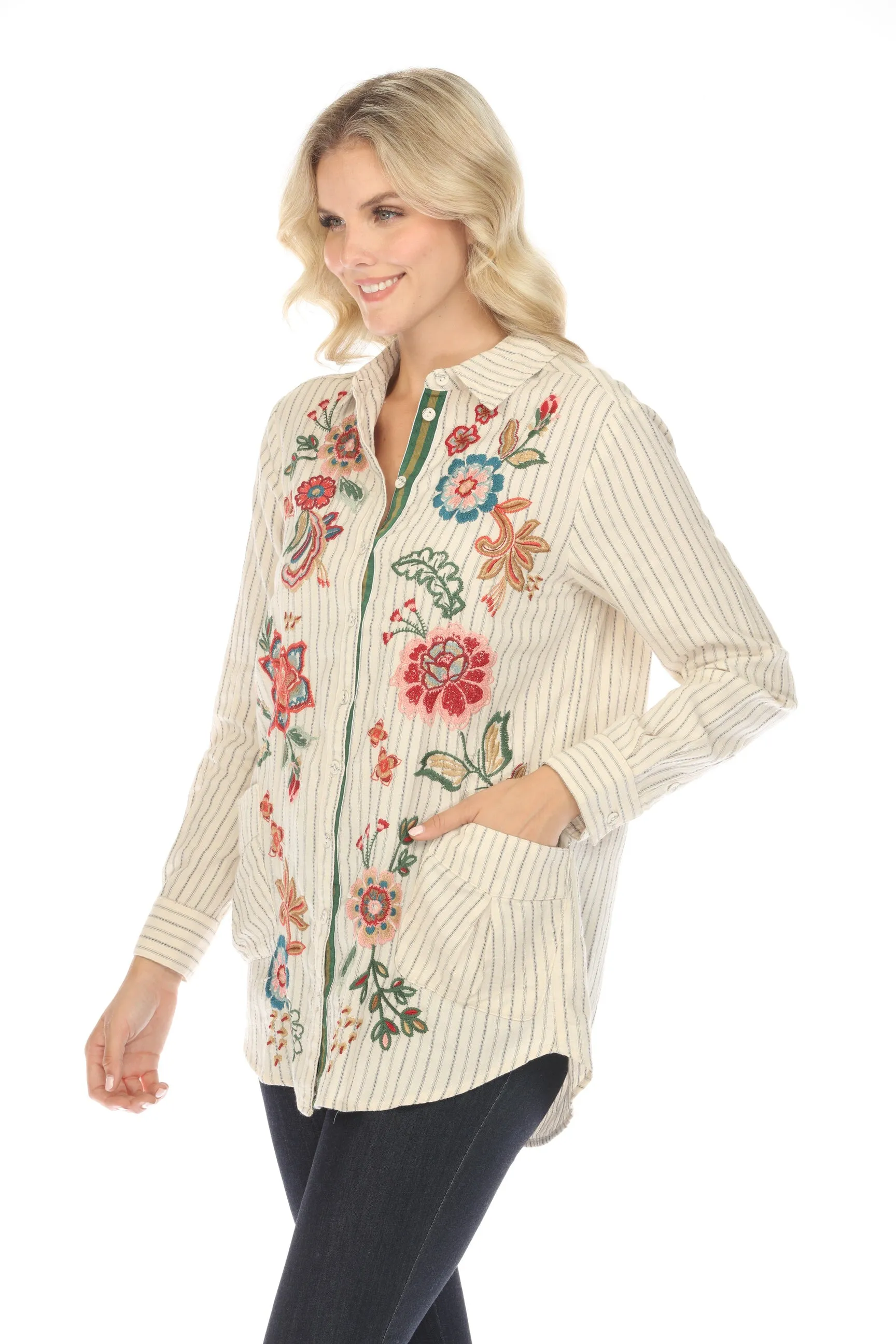Johnny Was Workshop Stripe Messine Painters Smock Tunic Shirt W21124 Boho Chic