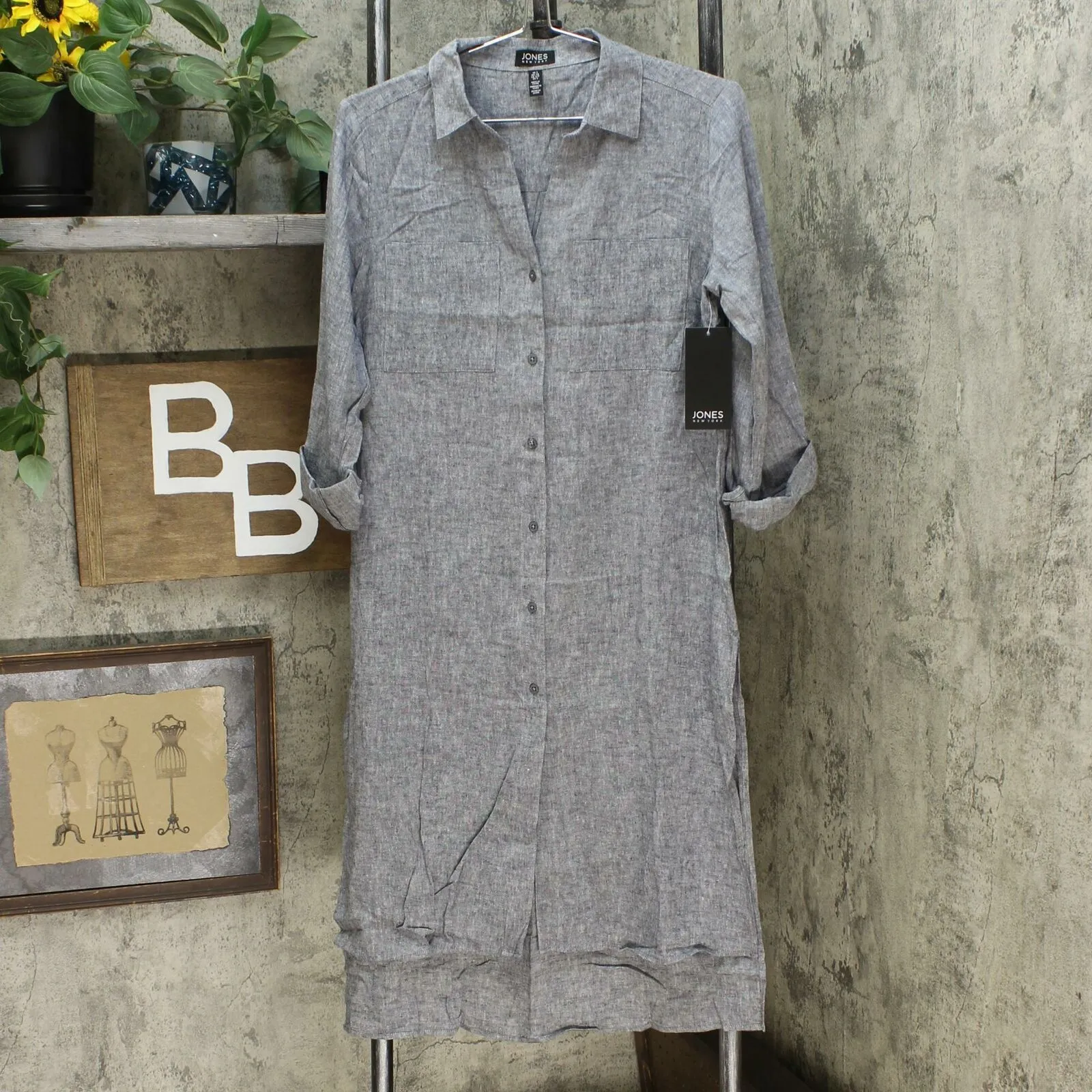 Jones New York Women's Linen Blend Roll Tab 3/4 Sleeve Button Up Tunic