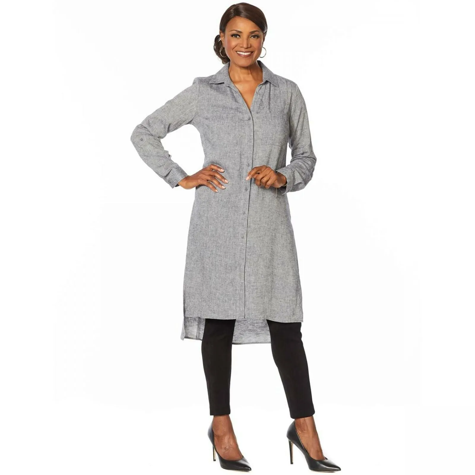 Jones New York Women's Linen Blend Roll Tab 3/4 Sleeve Button Up Tunic