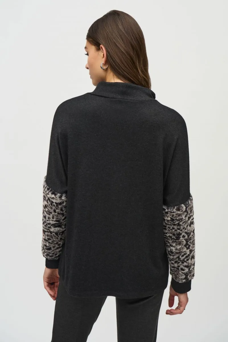 Joseph Ribkoff Charcoal Grey Faux Fur Long Sleeves Cowl Neck Tunic Top 244247 