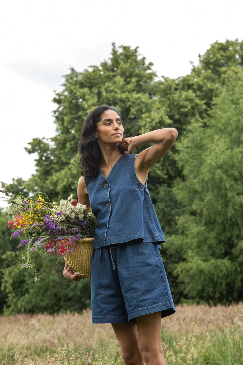 Jovie-Leigh Organic Cotton Denim Vest in Mid Blue