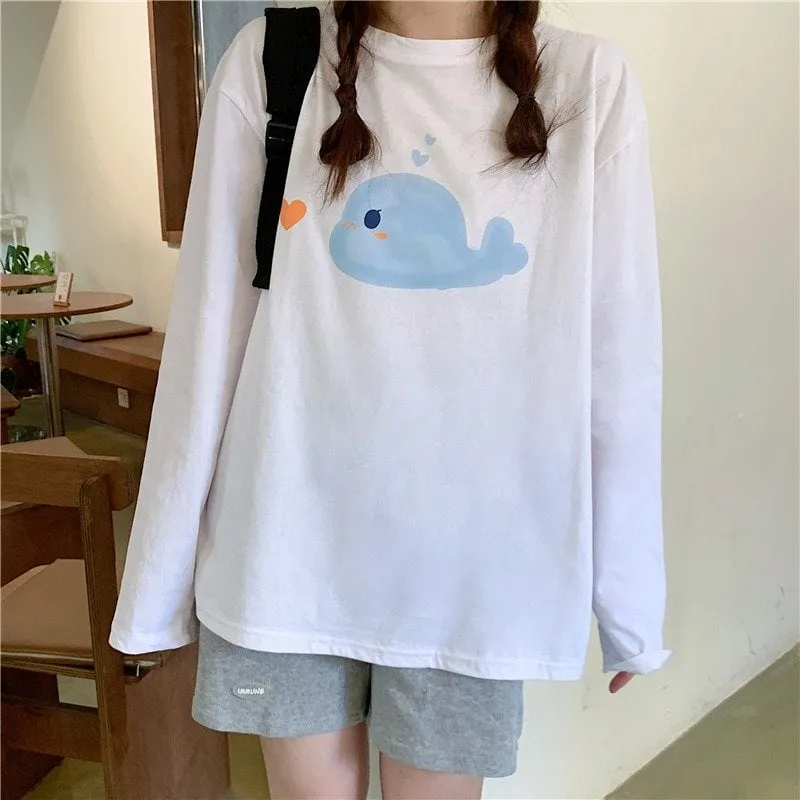 Kawaii Cetacean Printed Loose T-shirt