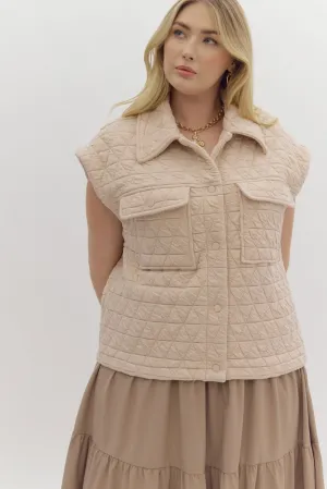 Keira Quilted Sleeveless Collared Button Down Vest || Ecru