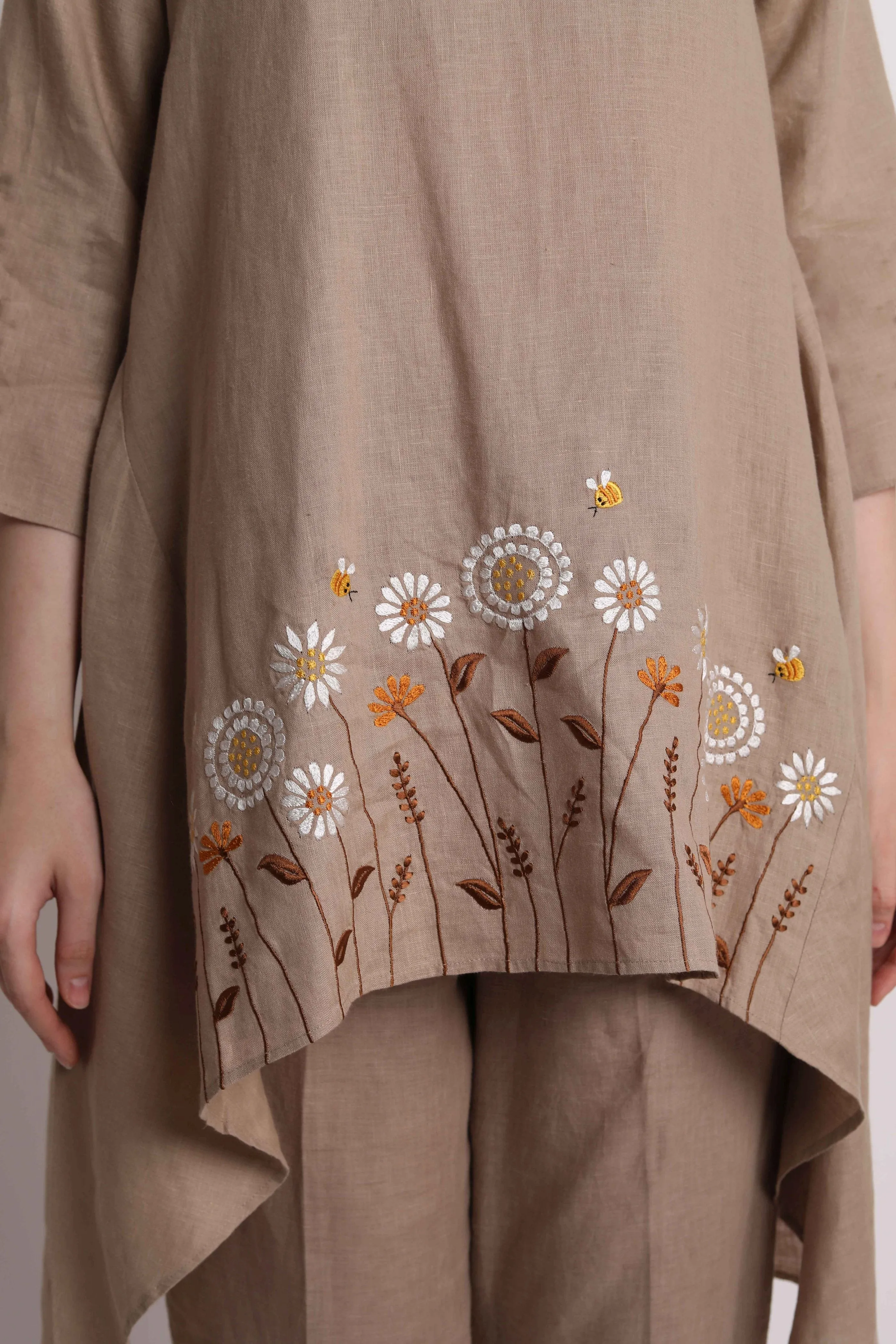Khakhi High - Low Floral Embroidered Tunic