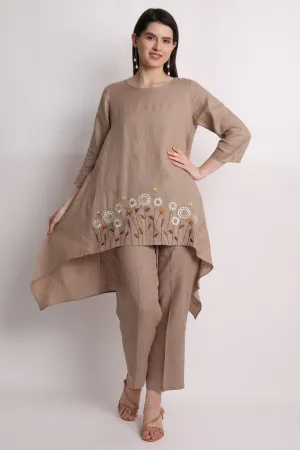 Khakhi High - Low Floral Embroidered Tunic