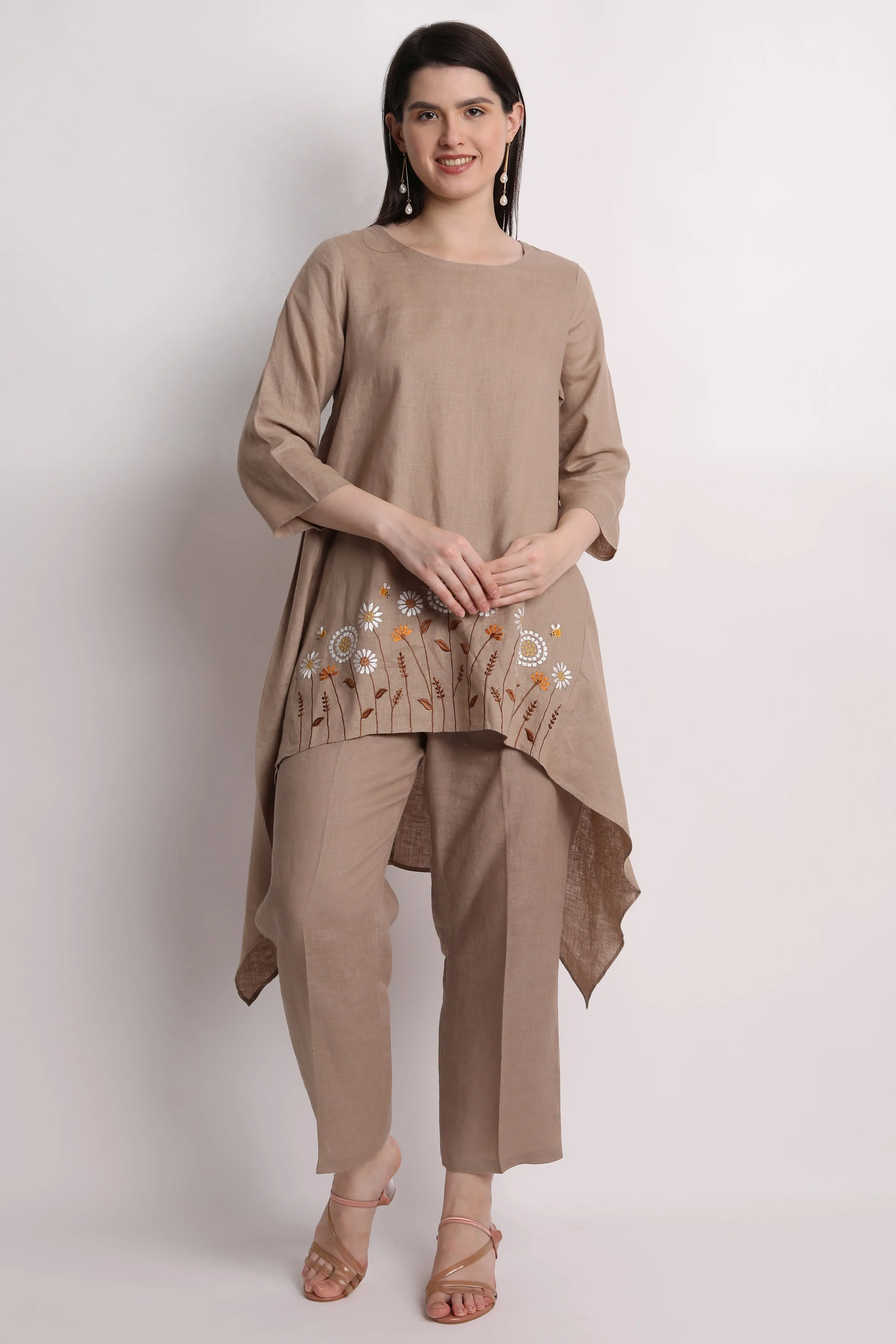 Khakhi High - Low Floral Embroidered Tunic