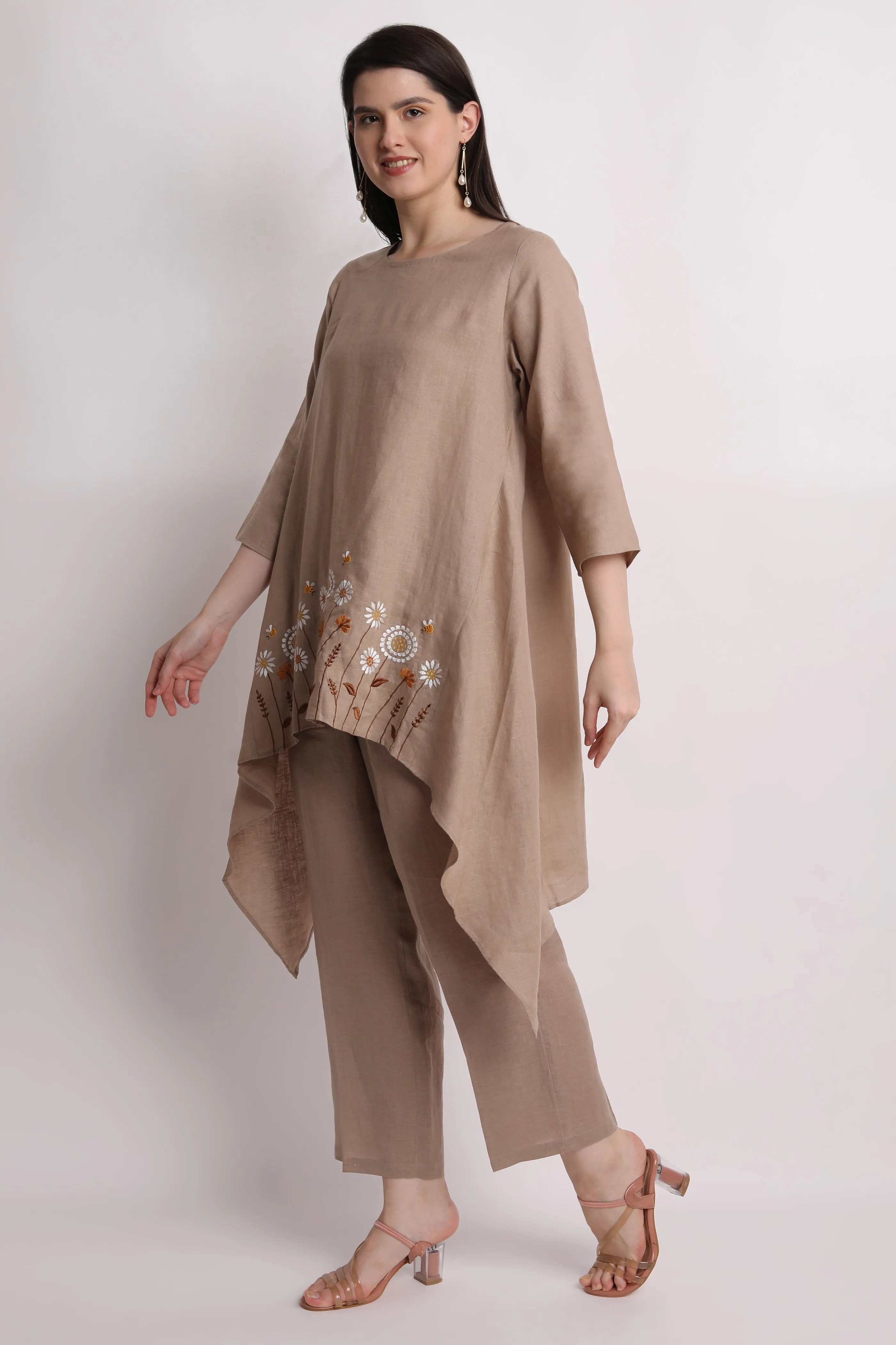 Khakhi High - Low Floral Embroidered Tunic