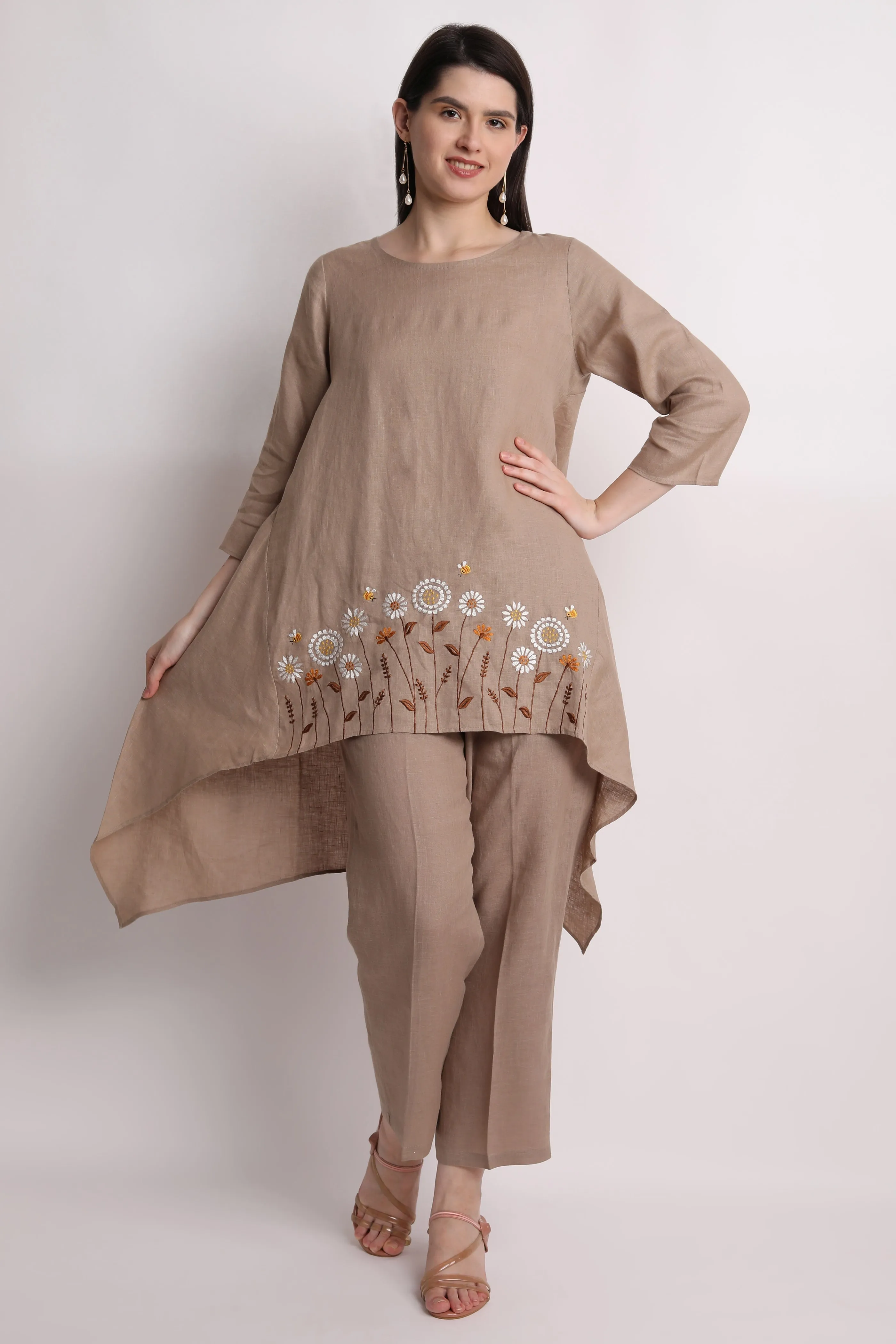 Khakhi High - Low Floral Embroidered Tunic