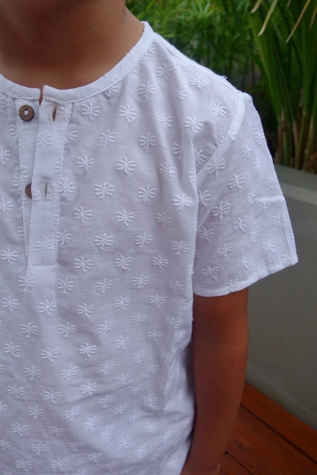 Kids White Palm Embroidered Henley