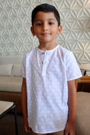 Kids White Palm Embroidered Henley