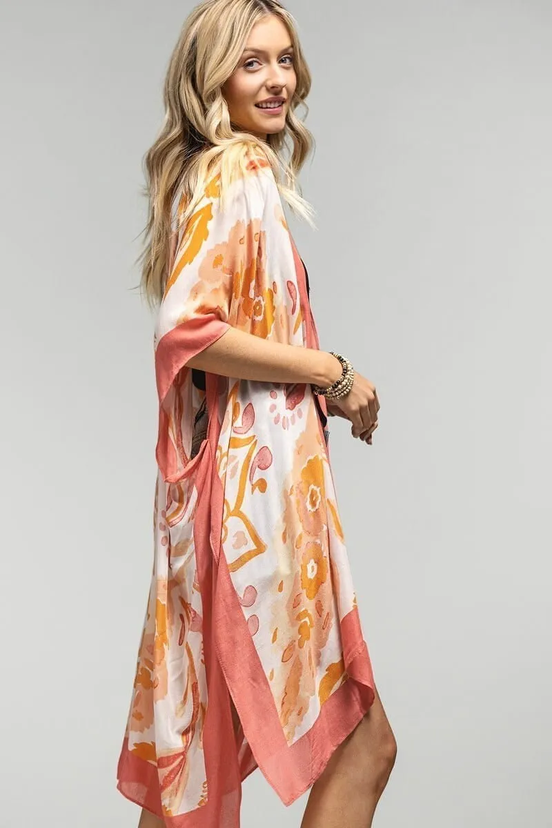 Kimono Duster with Coral Color Mandala Print