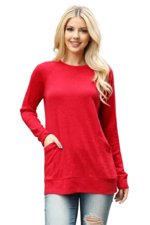 Knit Front Pocket Long Sleeve Top Red - Pack of 4