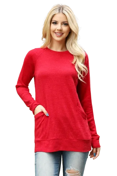 Knit Front Pocket Long Sleeve Top Red - Pack of 4