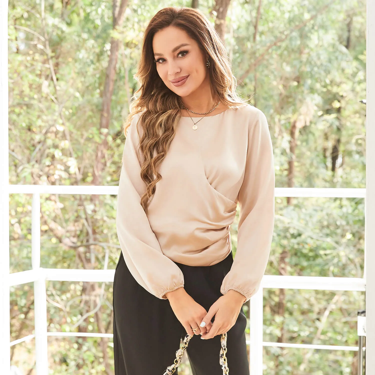 Kvinnor Silk Bluses Dressy Long Sleeve Pleated Silk Wrap Tops