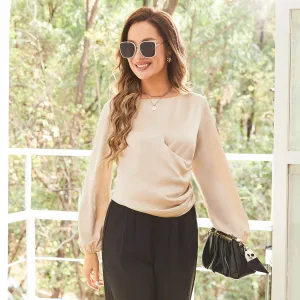 Kvinnor Silk Bluses Dressy Long Sleeve Pleated Silk Wrap Tops