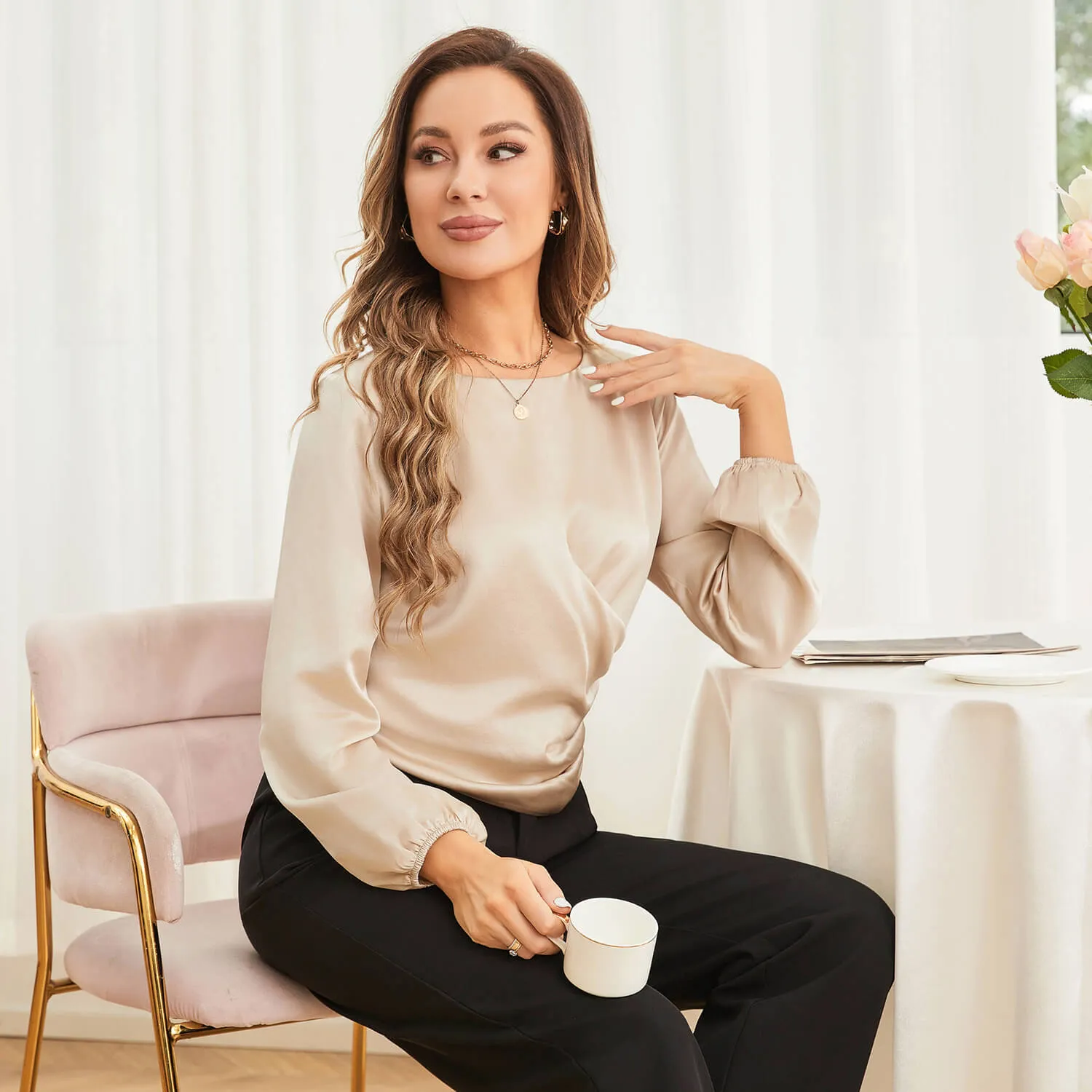Kvinnor Silk Bluses Dressy Long Sleeve Pleated Silk Wrap Tops