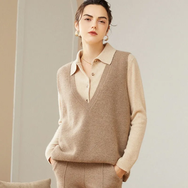 Kvinnor V-Neck ärmlös kashmir Vest Ribbed trim Cashmere Waistcoat