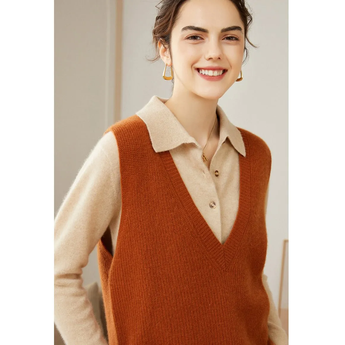 Kvinnor V-Neck ärmlös kashmir Vest Ribbed trim Cashmere Waistcoat
