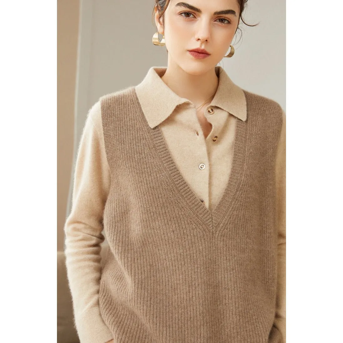 Kvinnor V-Neck ärmlös kashmir Vest Ribbed trim Cashmere Waistcoat