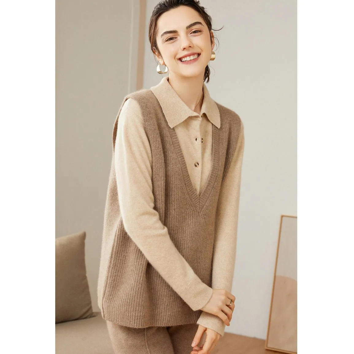 Kvinnor V-Neck ärmlös kashmir Vest Ribbed trim Cashmere Waistcoat