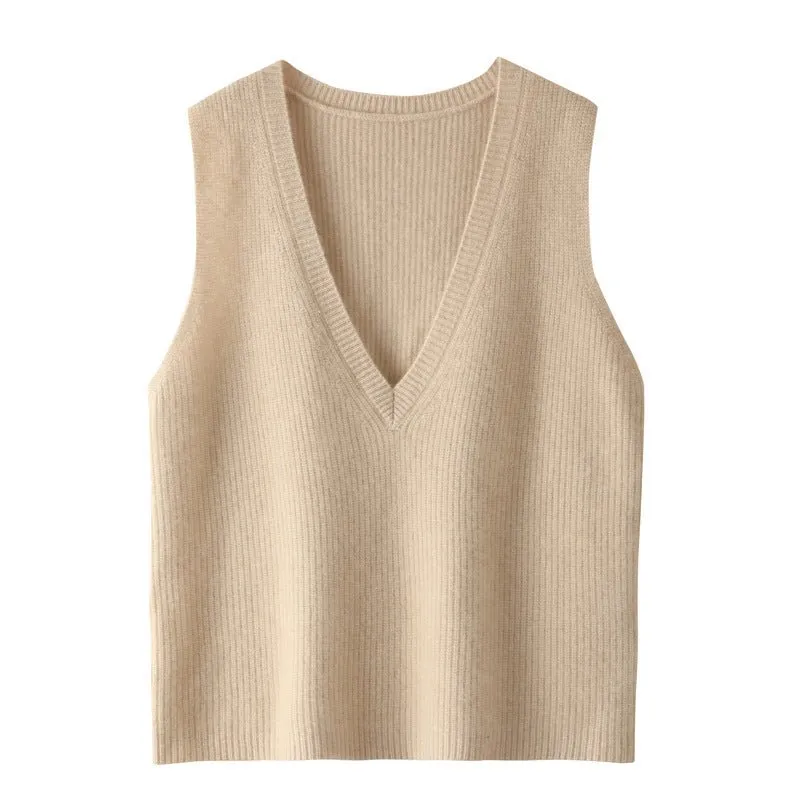 Kvinnor V-Neck ärmlös kashmir Vest Ribbed trim Cashmere Waistcoat