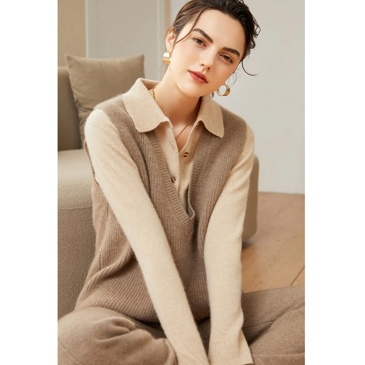Kvinnor V-Neck ärmlös kashmir Vest Ribbed trim Cashmere Waistcoat