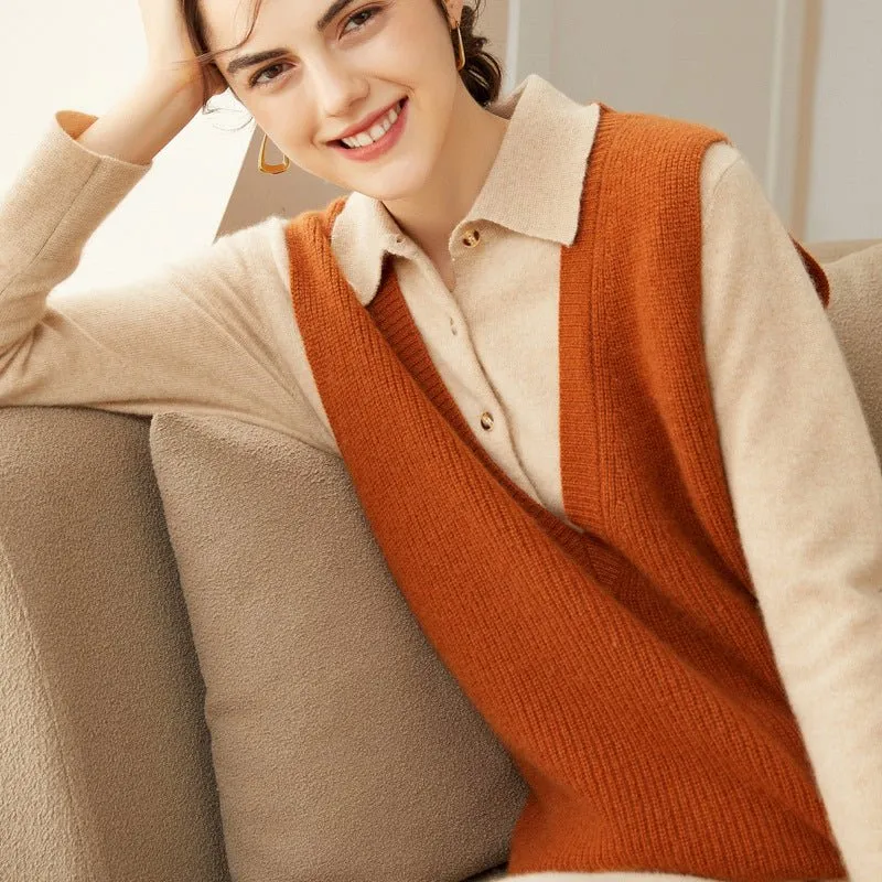 Kvinnor V-Neck ärmlös kashmir Vest Ribbed trim Cashmere Waistcoat