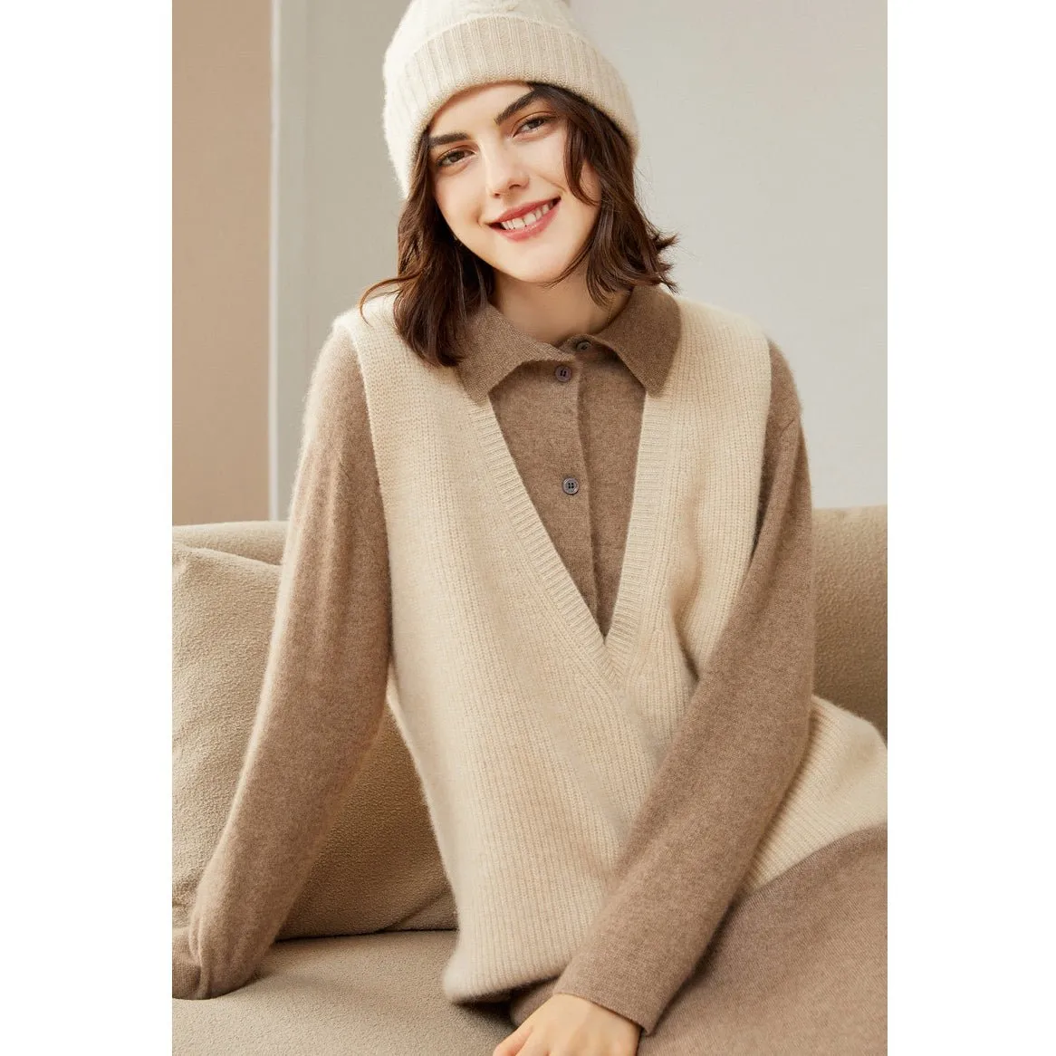 Kvinnor V-Neck ärmlös kashmir Vest Ribbed trim Cashmere Waistcoat