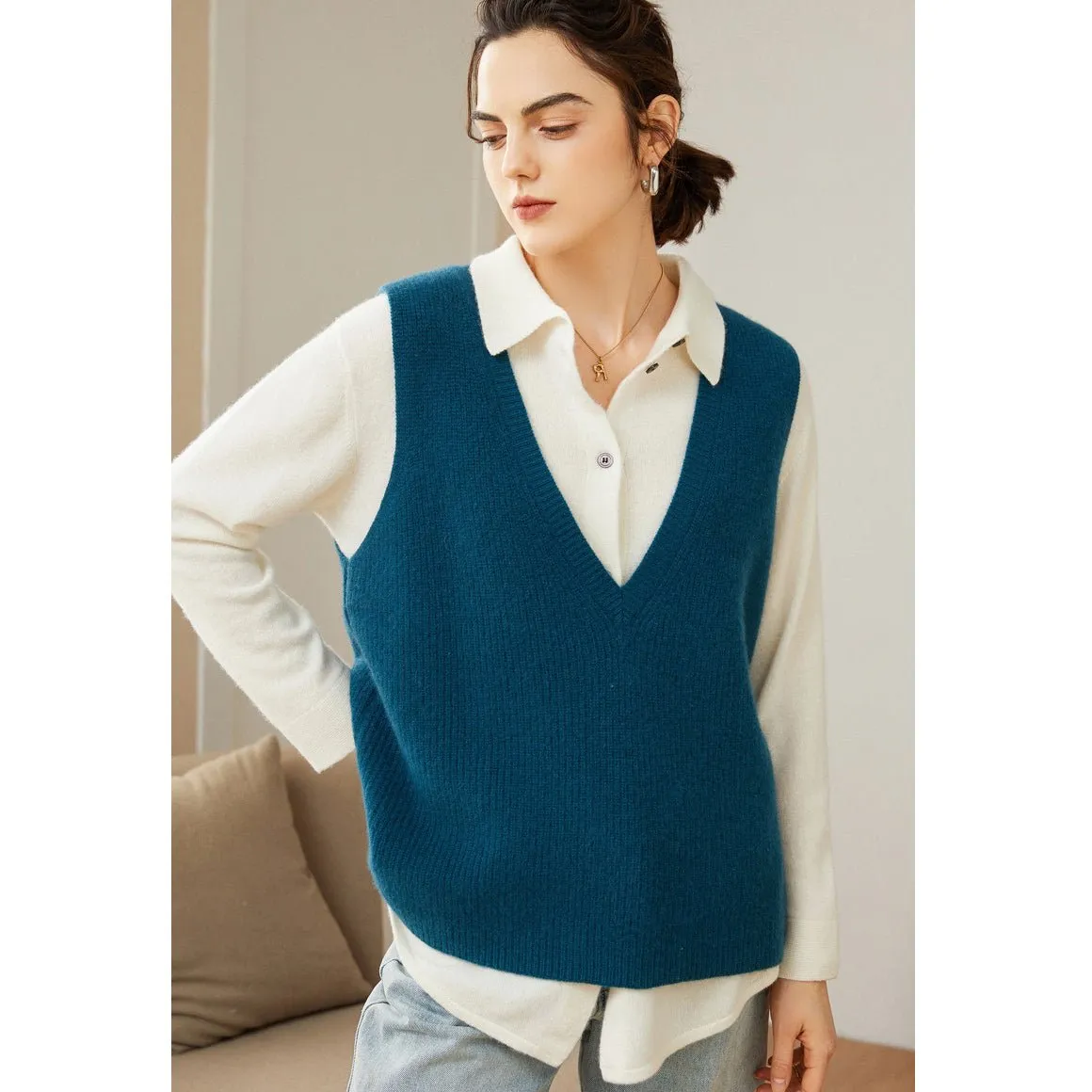 Kvinnor V-Neck ärmlös kashmir Vest Ribbed trim Cashmere Waistcoat