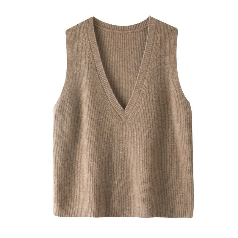 Kvinnor V-Neck ärmlös kashmir Vest Ribbed trim Cashmere Waistcoat