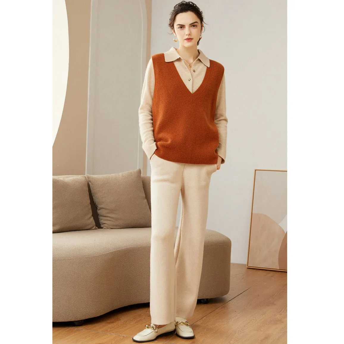 Kvinnor V-Neck ärmlös kashmir Vest Ribbed trim Cashmere Waistcoat